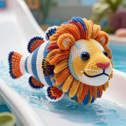 a closeup photorealistic photograph of a colorful knitted barracuda lion on a water slide. intricate stitching. professional capture. bright scene. this 4 k hd image is trending on artstation, featured on behance, well - rendered, extra crisp, features intricate detail, epic composition and the style of unreal engine.