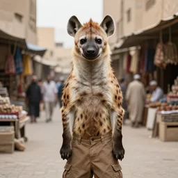 furry anthro Crocuta crocuta anthropomorphic spotted hyena man wearing cargo shorts professional profile photo portrait urban tourist cairo market street in background