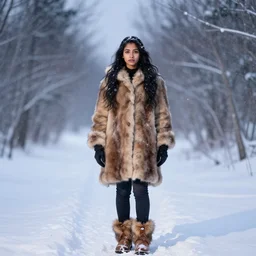 A young Indian woman in the Siberian wilderness, wearing a fur coat and fur boots, long hair, during a blizzard in winter