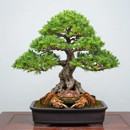 a bonsai next to a crab