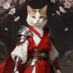 portrait of a cat warrior in red and white clothing, armored. bloom, lighting. dark fantasy, digital painting, hd, 4 k, detailed.