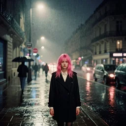 street of paris photography, night, rain, mist, a girl with pink hair, cinestill 8 0 0 t, in the style of william eggleston