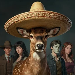 portrait of a deer wearing mexican sombrero | | fine detail!! anime!! realistic shaded lighting!! poster by ilya kuvshinov katsuhiro otomo ghost - in - the - shell, magali villeneuve, artgerm, jeremy lipkin and michael garmash and rob re