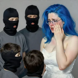 norman rockwell painting of a seductive curvy blue haired woman with glasses crying next to three boys wearing balaclava
