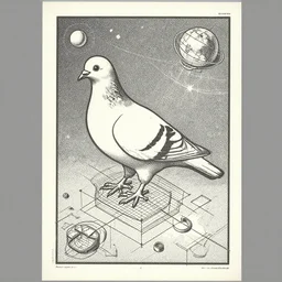 a graphic design poster of the isometric detailed blueprint of the pigeon in space, patent illustration, no text 1 9 9 0, poster design, japan graphic comics manga art illustration, silkscreen risograph, greyscale monochrome