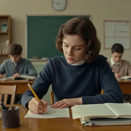 a women selling pencils, film still from the movie directed by wes anderson with art direction by dali wide lens