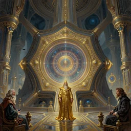 the futuristic pentagon temple of transcendence highly ornate, metaphysical utopia, dodecahedron stargate portal, futuristic wizard in gold robes. parallax poster composition, 8 k highly detailed high contrast and sharp oil painting by marc simonetti and caspar david friedrich, trending on artstation