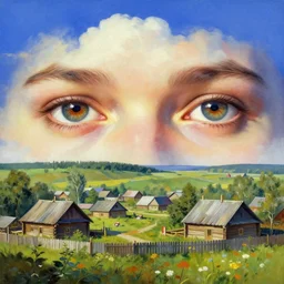 beautiful future, russian village, view from the eyes, soviet realism style