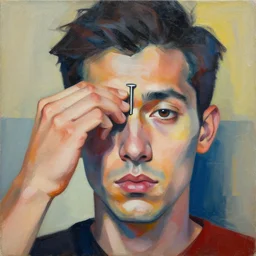 abstract painting of a man removing a nail from his third eye