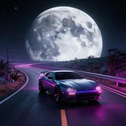 a synth wave car on a synth wave road that goes to the moon
