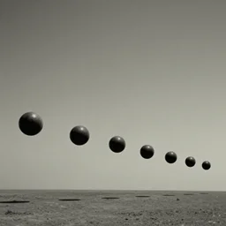 multiple spheres floating above the horizon, spread out horizontally from left to right, zdzislaw beksinski, jim burns