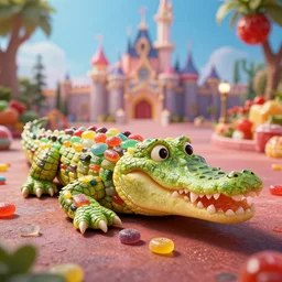 a crocodile made entirely out of gumdrops, candyland background, cinematic lighting, product photography, 3 d render
