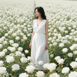 a woman dressed in white, standing in an infinite field of white roses, petals in the breeze, fireflies glowing, vivid lighting, professional photography, distance shot, afternoon lighting
