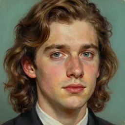 A beautiful close-up of a young man with wavy long hair, dressed like in the 1940s, digital art by Edward Hopper, vibrant color scheme, highly detailed, in the style of romanticism, fine Art, high detail, great lighting, 8k resolution, masterpiece, concept art, illustration, clear eyes, soft lighting, soft details, painting oil on canvas, octane render, HDR, trending on artstation, 4k, 8k, HD