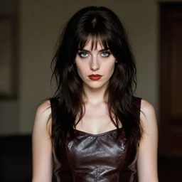 a medium shot photograph of a young woman in leather dress, 9 0 s goth, dof, sharp focus, highly detailed face, symmetric face, realistic iris, cinestill 8 0 0 t, photography by paolo roversi