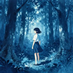 anime girl lost in the forest in the style of cyanotype
