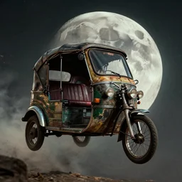 indian rickshaw flying to the moon, gritty cyberpunk atmosphere. realism, cinematic lighting, beautiful gothic fantasy photorealistic, 4 k. 8 mm. grainy. panavision.