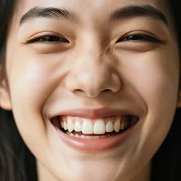 a close up of a person's face with a big smile while they're doing something they love