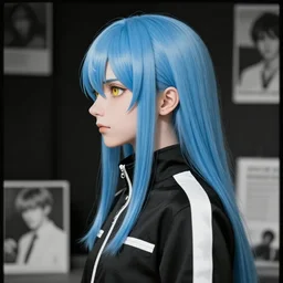 profile shot of rimuru tempest, sky blue straight hair, long bangs, gold eyes, wearing a black jacket with white stripes, high collar, ultra detailed, digital painting, cinematic, wlop, artgerm, pixiv, yoshitaka amano, vintage footage, black and white, ilya kuvshinov, andy warhol