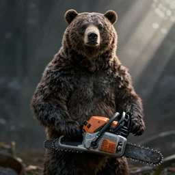 bear with chainsaw arms, unreal engine 5, realistic, dark, moody, godrays, 8k