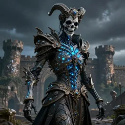 ornate rococo grim reaper, hyper detailed, bioluminescent, background fortress, digital art, trending in artstation, cinematic lighting, studio quality, octane rendered, art style by ian sprigger and terry gilliam brazil and archan nair, jack kirby and simon bisley, physically based rendering