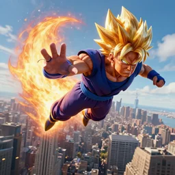 photorealistic super sayan trump flying in the sky and prepare a kamehameha above new york city. intricate, highly detailed, unreal engine 5.