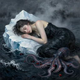 a female art student falling asleep, misty, iceberg, black paint, dark, sensual, dreamy, waves, paint swirls, cloudy, squashed berries, octopus, neo - impressionist, surrealism