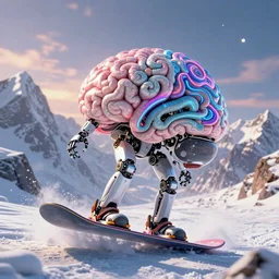 A robot brain snowboarding in majestic mountains, intricate, elegant, fantasy, highly detailed, digital painting, concept art, sharp focus, illustration, beautiful volumetric lighting, epic light, artstation, magic hour lighting, colorful, dramatic