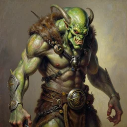 Evil ork concept art. Extremely high detail, details, realistic, masterpiece, colorful. Portrait painting by Arthur Rackham, Muzinabu, Johann Tischbein, Eugene de Blaas, Frederic Leighton, Harry Clarke