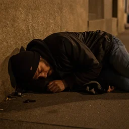 homeless man sleeping on the streets, dramatic lighting
