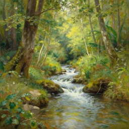 a painting of a brook running through beautiful forest by Thomas kinkade