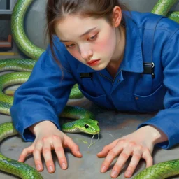 3 d, close - up, fashion model in a blue factory worker's overalls face looking down at the floor eyes sad tentacles instead of hands, green snakes background, soft light, smooth face feature, intricate oil painting, high detail illustration, sharp high detail, poster art, paper texture