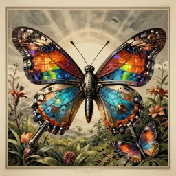 vintage botanical poster of mechanical cyberpunk butterflies, extremely detailed, very intricate, colorful