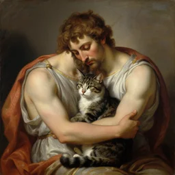 ancient greek heroic warrior cuddling with a cat, classical oil painting