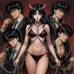 gorgeous!! woman as a chained demoness sorcerer wearing a bikini, d & d | art by jack kirby + akira toriyama + katsuhiro otomo + hirohiko araki | intricate, highly detailed, digital painting, smooth, sharp focus, hyper - realistic, symmetrical