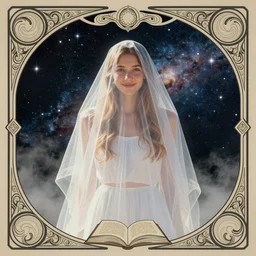 a portrait of a princess draped in transparent cloth, flat colors, occult, minimal, swirly, decorative art nouveau border, astrophotography, vast cosmos, detailed book illustration, sunny, dreamlike art, mist, realistic shaded, smile, good looking, fine details, 4 k realistic, cryengine, realistic shaded lighting poster by greg rutkowski, magali villeneuve, artgerm, jeremy lipkin and michael garmash and rob rey
