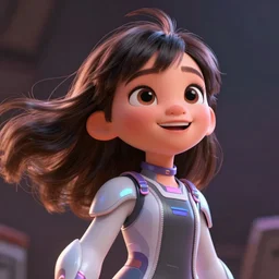 a painting of cute Asian girl smiling, flowing hair, futuristic clothes, in the style of Pixar animation, low angle view, 16mm lens, award winning, hyper detailed, dramatic lighting, artstation, octane renderer, unreal engine
