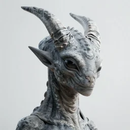 an alien species with a dragon-like facial structure, leathery gray skin, long horns, fangs, and yellow eyes