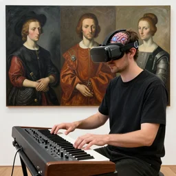 man with vr glasses wearing brain - interface plays a modular synthesizer. painted by hieronymus bosch, giuseppe arcimboldo, eric lacombe.