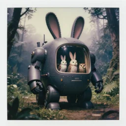 dark night oversized battle rabbit robot chubby fatmech trailer wacky!! vehicle with big ears with rabbit and owl sitting inside, in jungle forest peak, full body, nighttime, cinematic focus, polaroid!! photo, vintage, neutral dull colors, soft lights, foggy, overcast by oleg oprisco, by thomas peschak, by discovery channel, by victor enrich, by gregory crewdson
