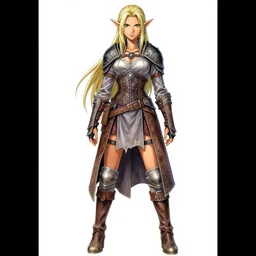 highly detailed manga full-body line art portrait of a beautiful half-elf with tan skin in leather armor, very detailed, realistic, colorful