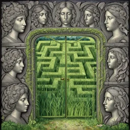 most beautiful titanium sanguine riddle, maze of earthly grass gate, in the style of william blake, terese nielsen, detailed, intricate, beautiful faces, steve argyle, pastoral fantastic reality