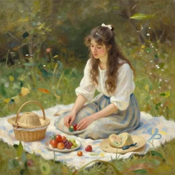 a beautiful photograph of an oil painting of a young woman making a picnic