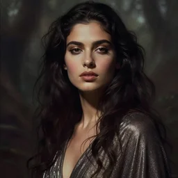 portrait of gorgeous brazilian girl of the feywilds, beautiful face, strong line, muted colors, shimmering clothing, moody lighting, high contrast, by brom, by john anster fitzgerald, by frank frazetta