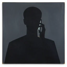 a silhouette of a person on the phone, abstract painting in the style of Sophie Taeuber-Arp and Gary Hume and Tatsuro Kiuchi, flat colour-block style, geometric abstraction, dark colours