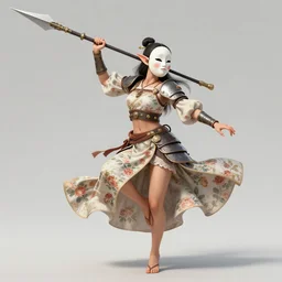 female changeling dancer in floral - patterned light armor, wielding a long halberd, barefoot in sandals, wearing a noh theatre mask, capricious, energetic, provocative, realistic proportions, reasonable fantasy, in the style of dnd illustrations, tabletop rpg.