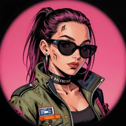 hyper detailed comic illustration of a sexy cyberpunk Kat Dennings wearing Balenciaga sunglasses and a gorpcore jacket, markings on her face, by Patrick Nagel and Josan Gonzalez, intricate details, vibrant, solid background, low angle fish eye lens