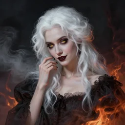 Demonic beautiful vampire white-haired young woman mistress of death mourning widow vintage gown with a faint smile dark lipstick macro golden iris wearing dark clouds fog smoke and fire as clothes, colourful trending artstation, detailed portrait academic caravaggio Bouguereau, sharp focus medium shot