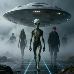 grainy 1 8 0 0 photo of aliens walking out a ufo, heavy fog, vfx, dimensional grid, art by greg rutkowski and chet zar, sharp focus, dark fantasy, occult, horror movie poster, hyper realist face, photo realistic, satanic, award - winning, masterpiece museum worthy, tool music video, post - processing 8 k