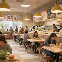 a busy cafeteria, realistic, 8 k, extremely detailed, cgi, trending on artstation, hyper - realistic render, 4 k hd wallpaper, premium prints available, octane render, award winning, by greg rutkowski